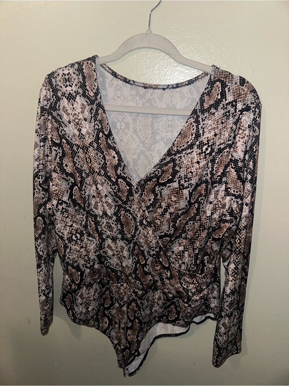 Women's Snake Print Wrap Long Sleeve Top - Brown/Black